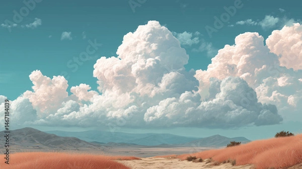 Fototapeta Expansive field under dramatic cumulus clouds, oil painting. Golden prairie landscape with vibrant blue sky and clouds