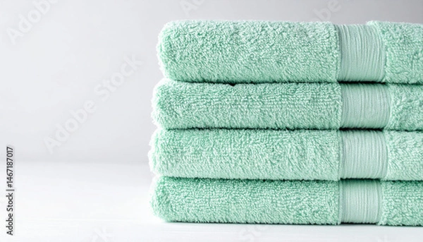 Fototapeta Stack of folded light green bath towels, soft texture, light. backdrop.