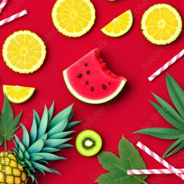 Fototapeta Tropical fruits on red background with summer vibe