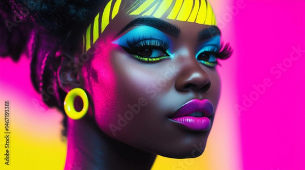 Fototapeta Portrait of a model with neon makeup in blue and pink tones