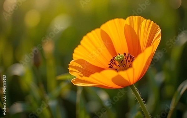 Fototapeta Close-Up of a Vibrant California Poppy in Full Bloom with Delicate Petals and Natural Green Background on a Sunny Spring Day