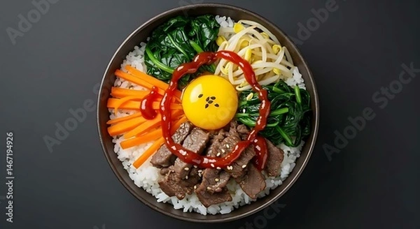 Obraz Korean bibimbap bowl with beef, egg yolk, vegetables and gochujang sauce, viewed from above