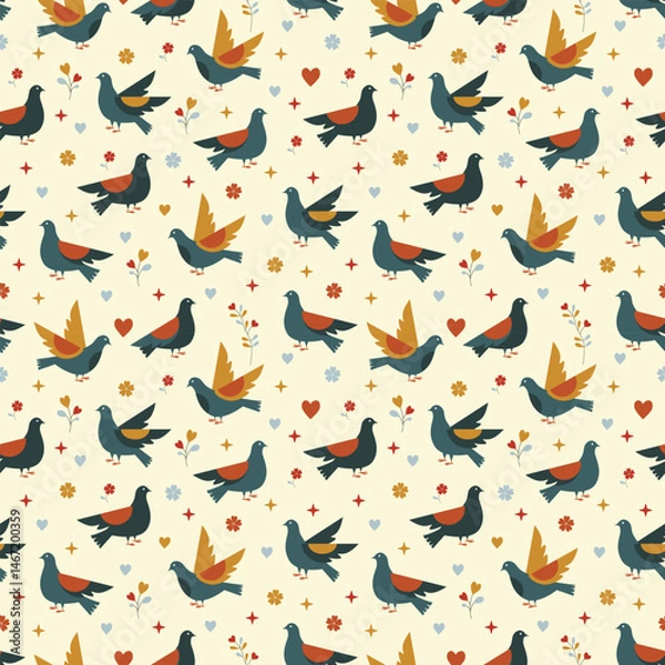 Obraz Seamless bird and flower pattern in flat style. Pigeon and floral repeat pattern vector background. Minimal bird pattern with decorative flowers. Colorful pigeon birds seamless texture design