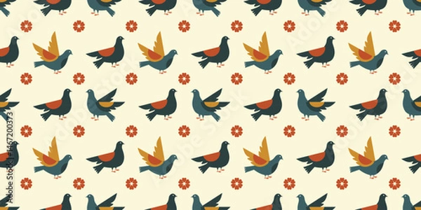Fototapeta Repeating pigeon and blossom pattern on light background. Flat style bird illustration with floral elements. Seamless vector background with birds and flowers