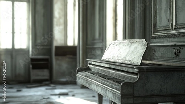 Fototapeta Abandoned grand piano in a decaying mansion, sunlight streams through windows illuminating dust and debris.