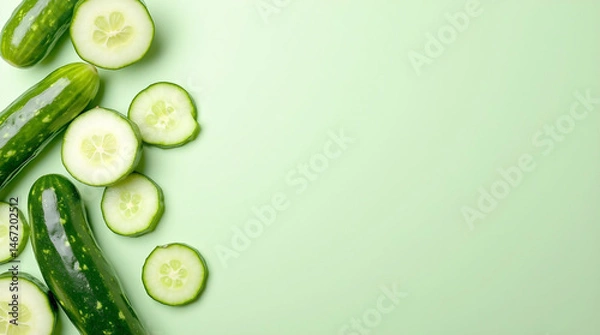 Obraz Fresh whole and sliced green cucumbers are arranged on the left against a solid light green background, leaving ample copy space on the right