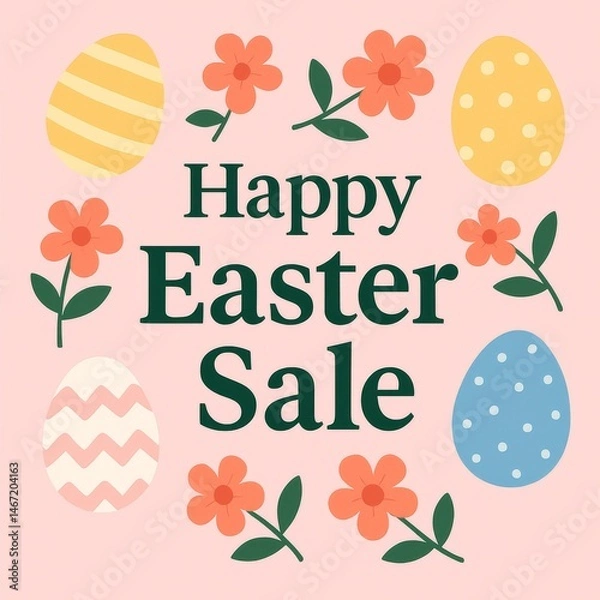 Fototapeta Happy Easter Sale banner with decorated eggs and flowers in pastel colors on pink background for seasonal promotion