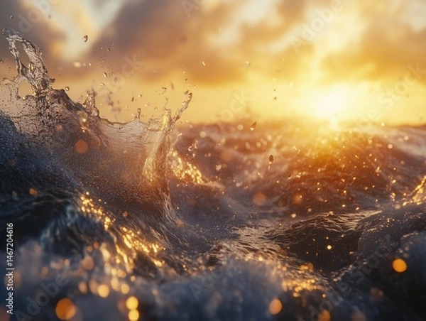 Fototapeta Golden Sunset over Ocean Waves – Dynamic Sea Splash in Warm Light. Travel brochures, wellness and mindfulness content, background visuals, website headers, environmental campaigns. 
