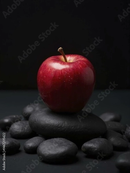 Obraz Glossy Red Apple with White Speckles on Smooth Black Stones Against Dark Background