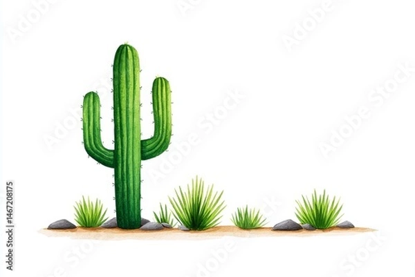 Fototapeta Desert Cactus Watercolor - A serene watercolor painting of a saguaro cactus in a desert landscape, symbolizing resilience, solitude, strength, survival, and the beauty of arid environments
