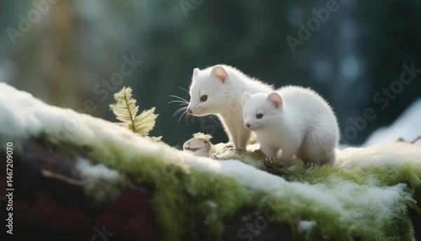 Obraz Snow marten with his child standing in the arctic regions green frost forest, rare view in the arctic, rare animal sighting in snowy forest