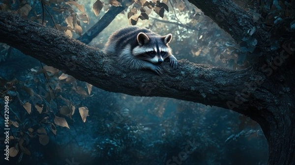 Obraz Mystical Raccoon Resting on a Forest Branch
