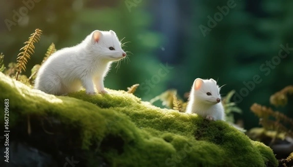 Obraz Snow marten with his child standing in the arctic regions green frost forest, rare view in the arctic, rare animal sighting in snowy forest