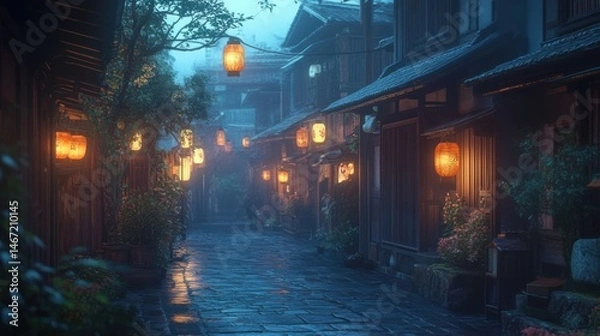Fototapeta Old Kyoto Street with Hanging Lanterns at Night