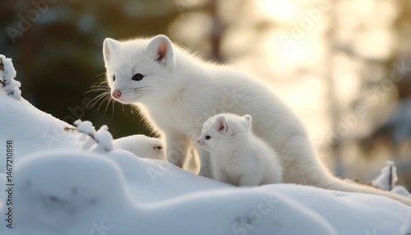 Obraz Snow marten with his child standing in the arctic regions green frost forest, rare view in the arctic, rare animal sighting in snowy forest