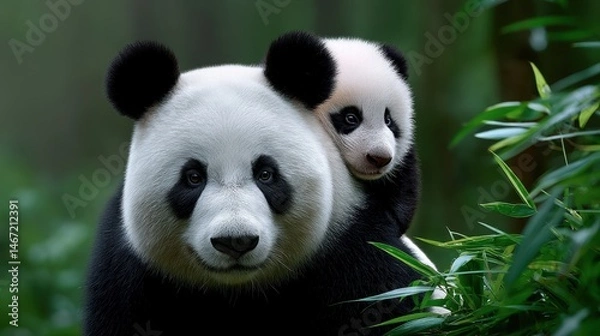 Fototapeta Panda lounging in tree fork high above ground, long lens perspective creates calm isolation