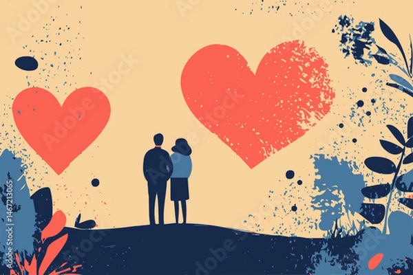 Fototapeta Artistic Valentine's Day Wallpaper Featuring a Romantic Couple and a Creative Splash of Hearts in a Colorful Abstract Style vector