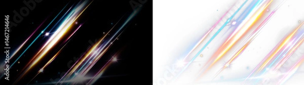 Fototapeta Vibrant light streaks with prism glow and motion lines. This PNG overlay features dynamic rays and texture. Use the PNG design as a fast-moving PNG background or wallpaper.