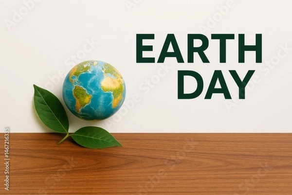 Fototapeta Eco-friendly Earth Day concept with globe and green leaves on wooden table against white background, sustainability and nature preservation theme