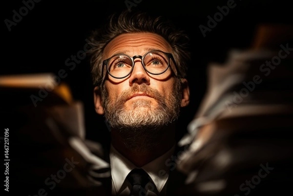 Fototapeta Businessman with glasses gazes upward, surrounded by stacks of paperwork, illuminated by soft light, conveying a sense of contemplation and determination in a professional environment