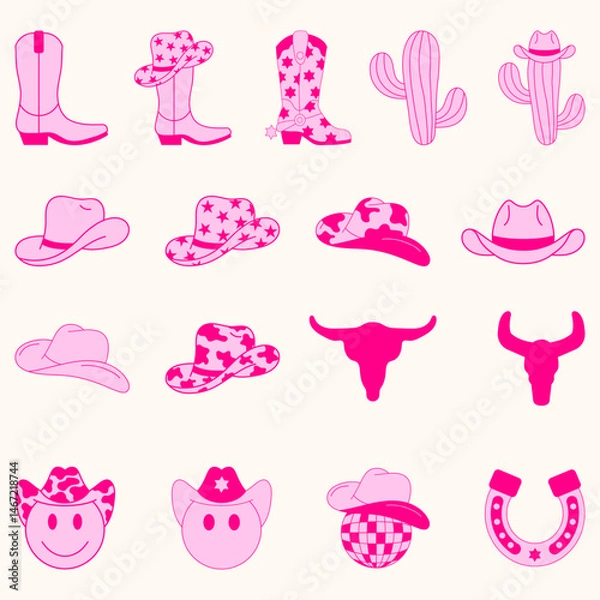 Fototapeta Set of Cowgirl Icons. Collection Babges. Vector Design Elements. Wild West, Western Themed, Y2K.