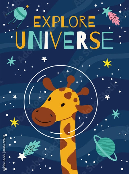 Fototapeta Space kids poster.Animal astronauts in among the stars and comets,Giraffe.A postcard, a flyer, an invitation.Vector cartoon flat illustration.