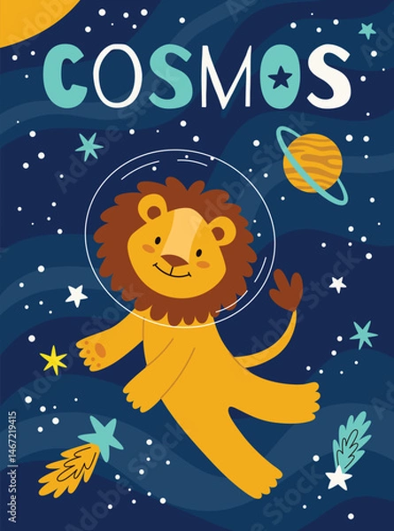 Fototapeta Space kids poster.Animal astronauts in among the stars and comets,lion.A postcard, a flyer, an invitation.Vector cartoon flat illustration.