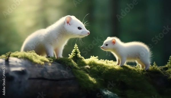 Obraz Snow marten with his child standing in the arctic regions green frost forest, rare view in the arctic, rare animal sighting in snowy forest