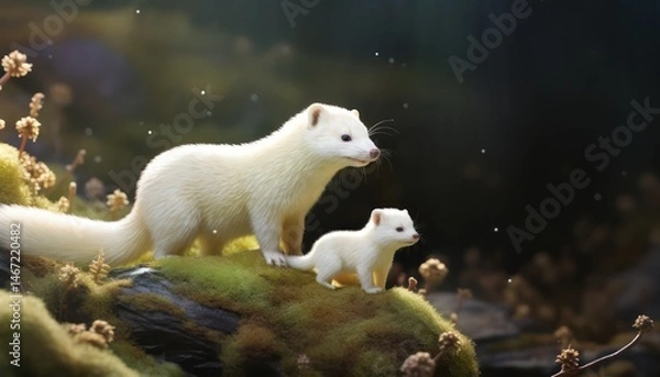 Obraz Snow marten with his child standing in the arctic regions green frost forest, rare view in the arctic, rare animal sighting in snowy forest