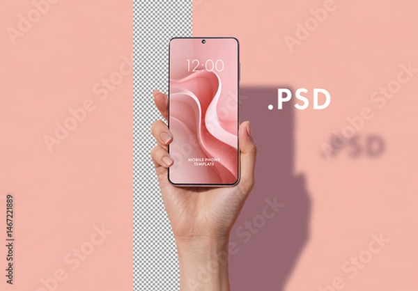 Fototapeta Isolated hand holding a smartphone on colored background. Mobile phone mockup