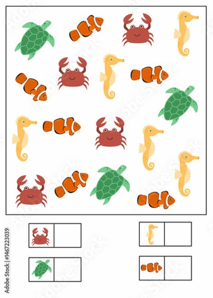 Obraz I can spy worksheet for kids, how many printable for kindergarten, i can spy worksheet with sea animals theme, how many activity for kids