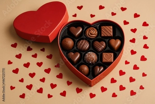 Fototapeta image.Heart-shaped red gift box with assorted chocolate candies surrounded by small red hearts on a beige background, Valentine's Day concept