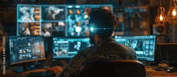 Fototapeta A filmmaker edits a movie, assisted by an AI hologram suggesting scene transitions and effects. The editing room is equipped with multiple screens and advanced editing tools, blending human creativity