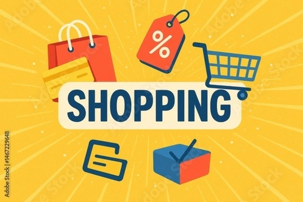 Fototapeta image.Shopping concept with colorful icons including shopping bag, cart, credit card, discount tag, and wallet on a bright yellow background with radial lines