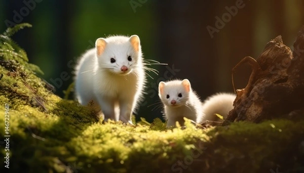 Obraz Snow marten with his child standing in the arctic regions green frost forest, rare view in the arctic, rare animal sighting in snowy forest