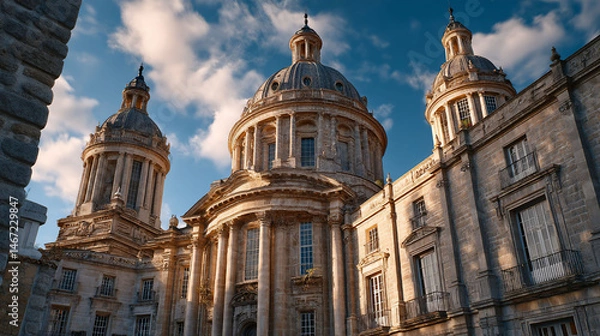 Fototapeta Majestic stone building with domed roofs against a bright blue sky and clouds