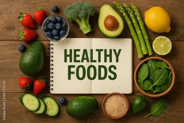 Fototapeta image.Fresh healthy foods including avocado, blueberries, spinach, cucumber, and lemon with a notebook labeled HEALTHY FOODS on a wooden table top view