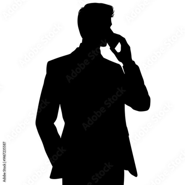 Fototapeta Man in unbuttoned suit jacket talking on the phone, silhouette on transparent background  
