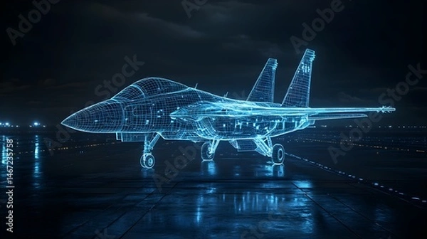 Fototapeta A digital wireframe hologram of a fighter jet on a dark tarmac, glowing blue with detailed lines, showcasing modern aerospace design 