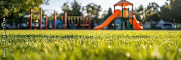 Fototapeta A scenic field of fresh green grass in sharp focus with a children’s playground softly blurred in the background, peaceful atmosphere in a family-friendly outdoor park  area.