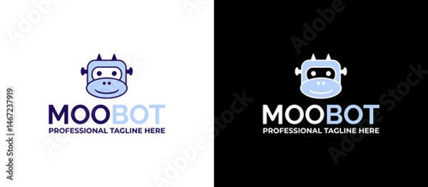 Fototapeta A stylish logo design featuring a robot cow character with the name "MOOBOT". The logo features a cartoonish robot head with cow features, presented against both light and dark backgrounds.