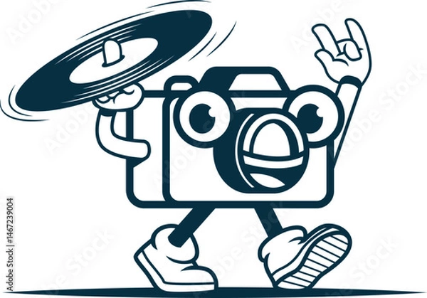Obraz camera character mascot carrying a vinyl record logo vector illustration
