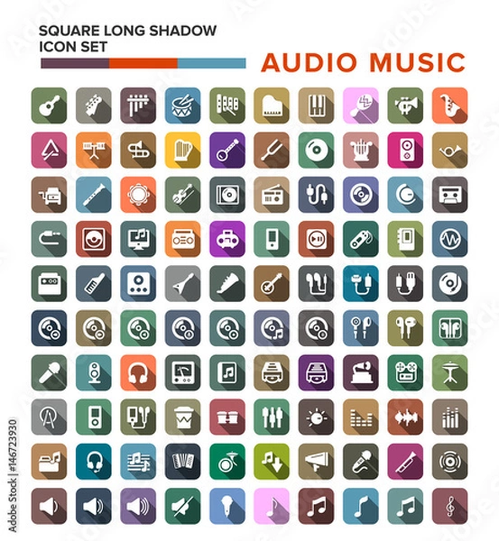 Fototapeta Set of Audio music icons in flat design with long shadows