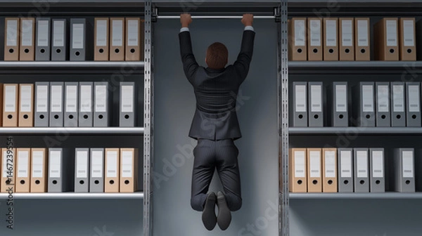 Fototapeta Geschäftsmann macht Klimmzüge an einem Aktenschrank, symbolisiert Belastbarkeit und Durchhaltevermögen im Business. Künstliche Intelligenz KI