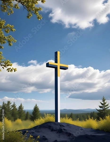 Fototapeta A cross atop a hill surrounded by trees under a clear blue sky