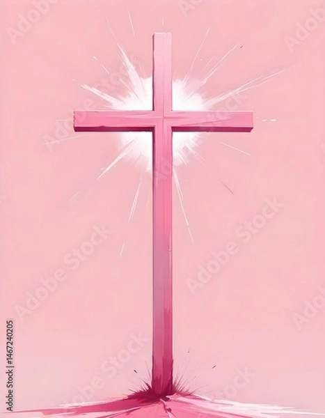 Fototapeta A glowing cross on a pink background, radiating bright light, symbolizing hope and spirituality