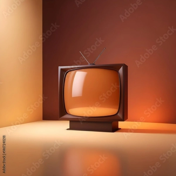 Fototapeta 3D render of a vintage TV with an orange backdrop, showcasing retro design elements