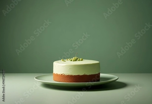 Fototapeta A cake on a decorative plate, placed on a wooden table, showcasing its layers and frosting
