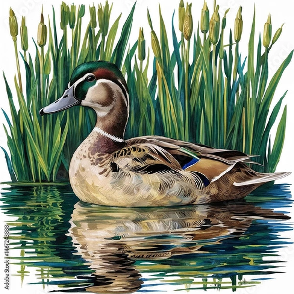 Fototapeta Impressionistic Mallard Duck with Asymmetrical Composition and Lush Wetland Reflections