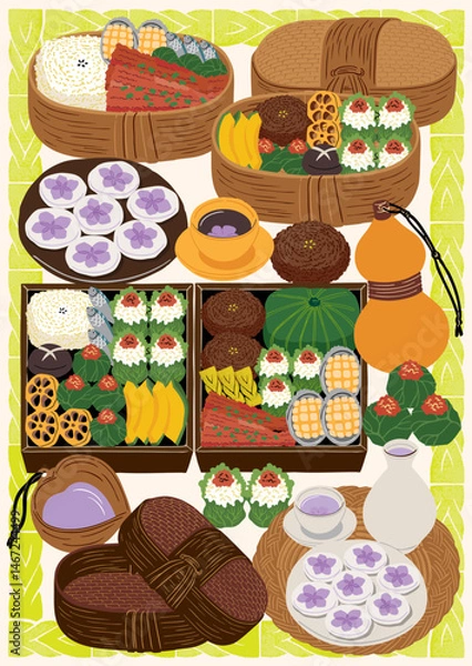 Obraz  봄날 소풍을 위한 한식 도시락 세트 벡터 일러스트레이션 스티커용 템플릿 디자인 				
